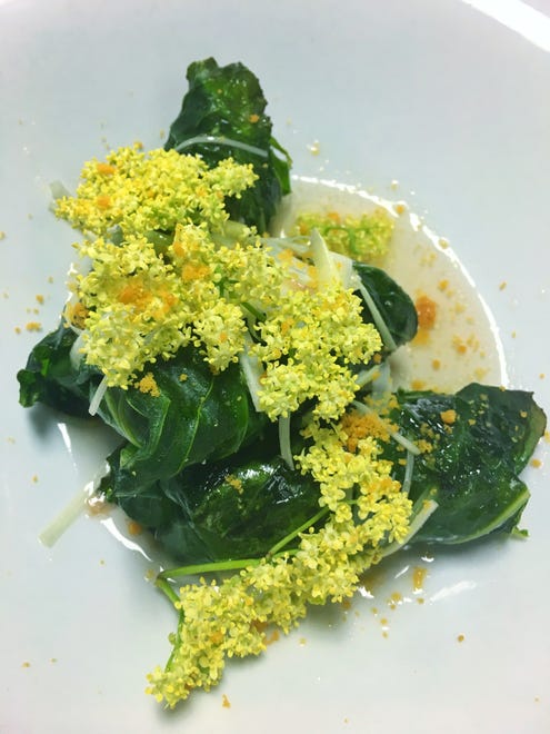 Pork and black-eyed pea stuffed collard greens with elderflower and caramelized milk solids from Chef Hari Cameron at a(MUSE.). For more food phots, follow Cameron on Instagram @haricam