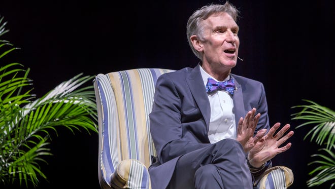 Bill Nye speaks during a moderated discussion with Univeristy of Delaware professor McKay Jenkins at the Bob Carpenter Center in Newark on Tuesday night.
