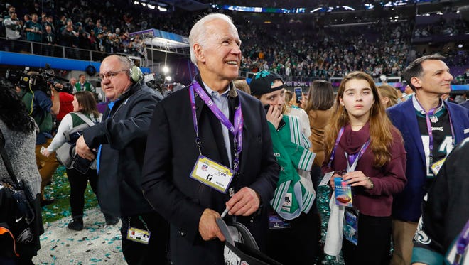 Former Vice President Joe Biden looks on during the celebrations after the Philadelphia Eagles win over the New England Patriots in Super Bowl LII at U.S. Bank Stadium in Minneapolis, Minnesota.