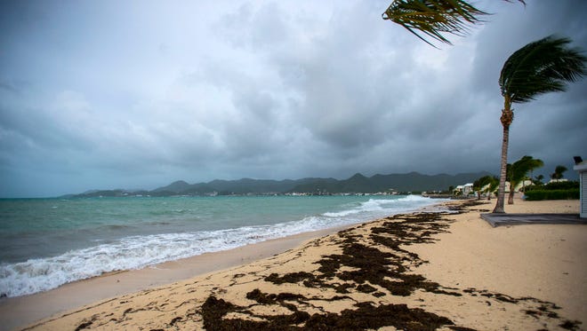 A picture taken on Sept. 5, 2017 shows a view of the Baie Nettle beach in Marigot on St Martin in the Caribbean Sea with the wind blowing ahead of the arrival of Hurricane Irma.