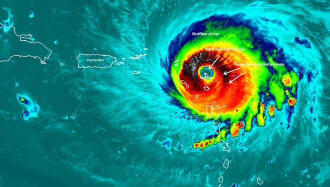 A NASA satellite passed over Hurricane Irma when the island of Barbuda was in the center of the storm’s eye in this Infrared image from Sept. 6, 2017.