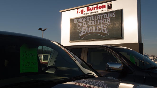 i.g. Burton's sign in Milford supporting the Philadelphia Eagles in Super Bowl LLI.