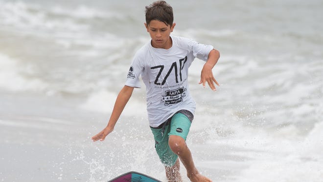 Nico Famularo of Dewey Beach, Del., competes in the menehune division at the Zap Pro/Amateur World Championships of Skimboarding at Dewey Beach.