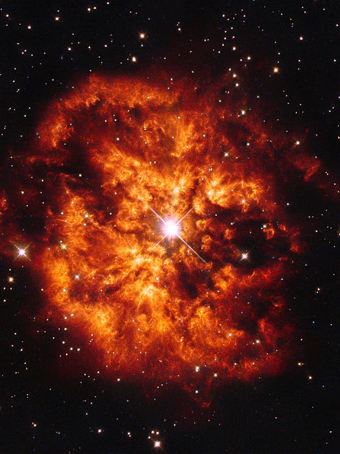 The cosmic pairing of the star Hen 2-427  more commonly known as WR 124 and the nebula M1-67 which surrounds it. Both objects, are found in the constellation of Sagittarius and lie 15, 000 light-years away.