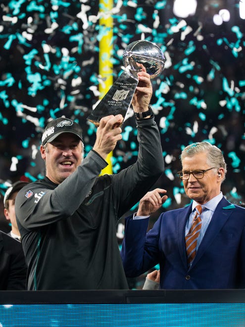 Eagles head coach Doug Pederson celebrates winning Super Bowl LII Sunday at US Bank Stadium