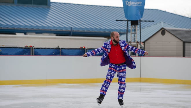 Peter Briccotto, tests out the "Visit Delaware Ice Rink" at the Winter Wonderfest Center located at the Cape May-Lewes Ferry Terminal and also in the Cape Henlopen State Park. That will run Nov. 17 to December 31, 2017.