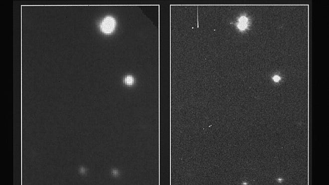MAY 20, 1990: On the right is part of the first image taken with NASA's Hubble Space Telescope's (HST) Wide Field/Planetary Camera. It is shown with a ground-based picture from a Las Campanas, Chile, observatory of the same region of the sky. The Las Campanas picture was taken with a 100-inch telescope and it is typical of high-quality pictures obtained from the ground. All objects seen are stars within the Milky Way galaxy.  ABOUT THIS IMAGE: On the right is part of the first image taken with NASA's Hubble Space Telescope's (HST) Wide Field/Planetary Camera. It is shown with a ground-based picture from Las Campanas, Chile, Observatory of the same region of the sky. The Las Campanas picture was taken with a 100-inch telescope and its typical of high quality pictures obtained from the ground. All objects seen are stars within the Milky Way galaxy.  The images of the stars in the ground-based picture are fuzzy and in some cases are overlapping, because of smearing by the Earth's atmosphere. The same stars in the HST frame are sharper and well resolved, as shown by the double star at the top of the image. By avoiding the Earth's atmosphere, the HST gives sharper images and better resolution. In this early engineering picture, the HST images are roughly 50 percent sharper than the ground-based images.  Technical Details: The first image taken with the HST is intended to assist in focusing the telescope. The region observed is centered on the 8.2 magnitude star HD96755 in the open cluster NGC 3532, in the southern constellation Carina. Identical small subsections of the HST and ground-based image pictures were chosen to highlight the difference in resolution. The field shown is approximately 11 x 14 arcseconds in size and does not contain HD96755. [Via MerlinFTP Drop]