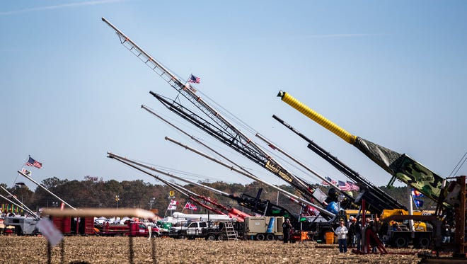 Air cannons line the firing line at the 2016 World Championship Punkin Chunkin competition at Wheatley Farms in Bridgeville on Sunday afternoon.