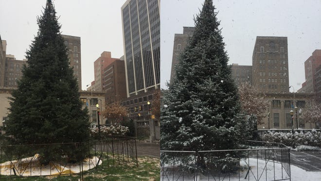 Wilmington's first snow of the year arrived Saturday morning. These photos were taken about three hours apart. Pictured here is the Christmas Tree in Rodney Square.