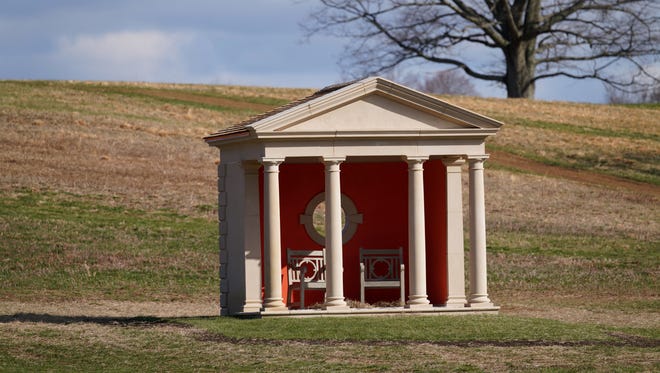 Neoclassical Folly, modeled after the portico, or entrance, to a Greek temple or public building Folly in Winterthur Museum's garden follies exhibit.