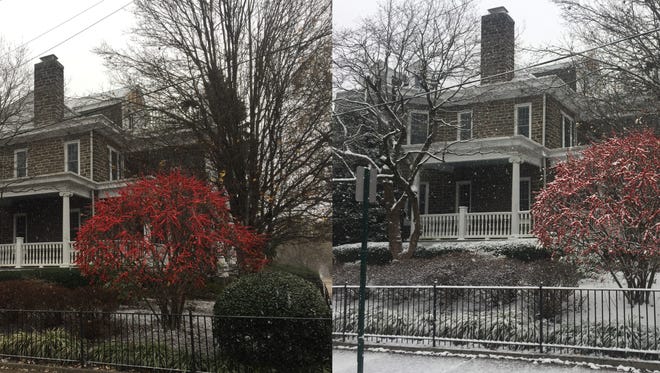 Wilmington's first snow of the year arrived Saturday morning. These photos were taken about three hours apart. Pictured here is a home on Baynard Boulevard.