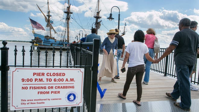 Guests attend the ribbon cutting ceremony for the grand opening of the pier in Old New Castle at Battery Park which replaces the one destroyed by Superstorm Sandy back in 2012.