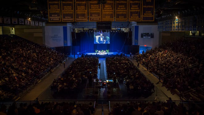 Thousands of people turned out to see Bill Nye speak during a moderated discussion with Univeristy of Delaware professor McKay Jenkins at the Bob Carpenter Center in Newark on Tuesday night.