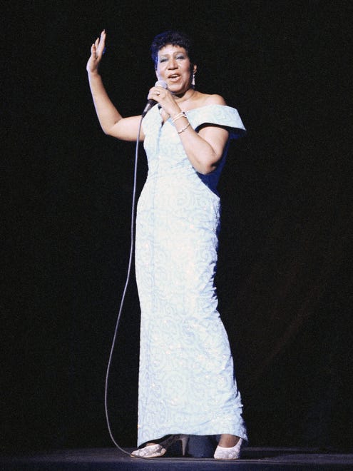 Aretha Franklin performs at New York's Radio City Music Hall, July 5, 1989.