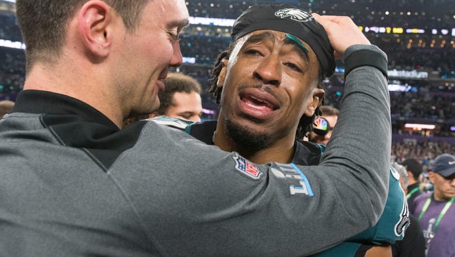 The Eagles' Patrick Robinson succumbs to emotion after winning Super Bowl LII Sunday at US Bank Stadium.
