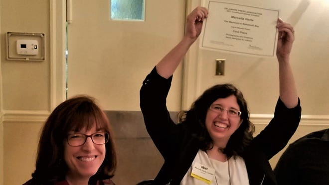 Nancy Sakaduski, left, and Marcella Harte attend the recent Delaware Press Association awards banquet.