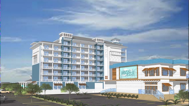 Rendering of the proposed Cambria Hotel at the site of the former Cropper Concrete Plant.