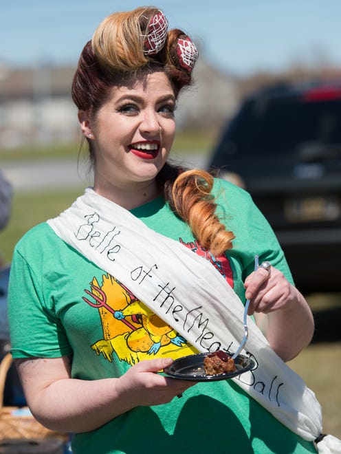 Jessica Beseecher of New Castle wears a Belle of the Meatball sash at Meatball-Con at Mispillion River Brewing in Milford.