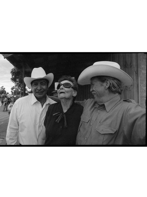 Gil Birmingham (from left, who plays Jeff Bridges' law partner), Margaret Bowman (who plays a waitress) and Bridges on the set of 'Hell or High Water.'
