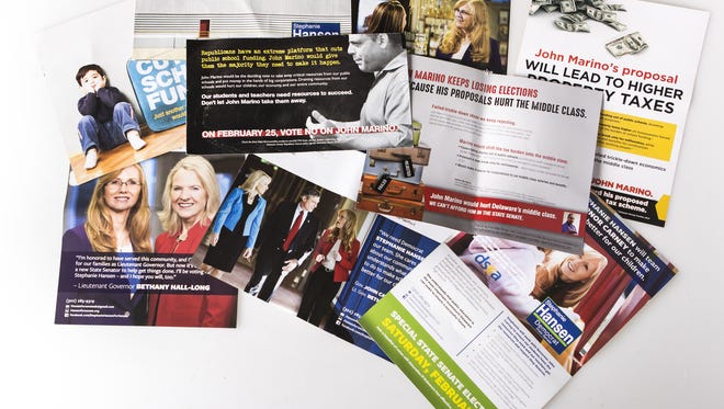 Campaign mailers from Stephanie Hansen and allied PACs sent to voters in Delaware's 10th Senate District.