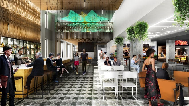 An artist rendering of DE.CO, a new food hall coming to the DuPont Building at 10th and Orange streets in Wilmington.