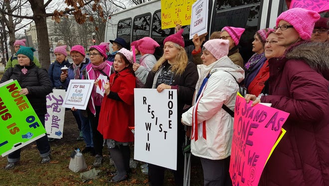 A group picture of people from Delmarva who rode up from Salisbury, Maryland to go to the Women's March in Washington, DC on Saturday, Jan. 21, 2017.