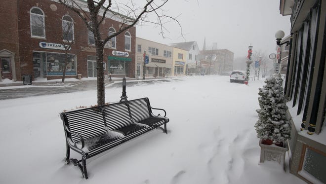 Empty sidewalks and streets as winter storm Helena hits downtown Lewes.