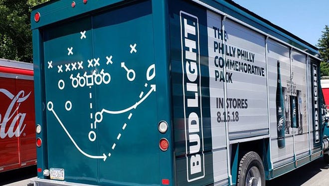 A new Bud Light truck commemorates the Eagles' Super Bowl win, and is set to deliver beer bearing the team's logo on Aug. 16 — when the Birds face the Patriots in a preseason game. Shown here is the "Philly Special" — a play that set up Nick Foles' fourth-and-goal touchdown that propelled the Eagles to victory.