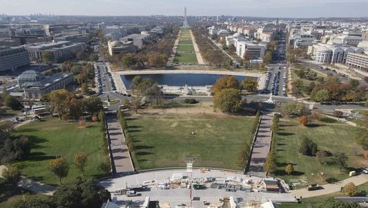 The presidential inauguration stand is under construction at the National Mall on Nov. 15, 2016.