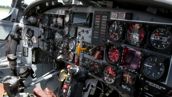 The cockpit of a Canadian Forces Snowbirds jet, a CL 41 Tutor, at Willow Run Airport in Ypsilanti.