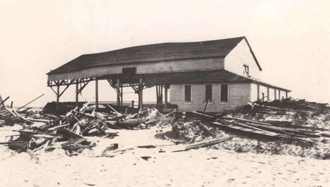 Damage from the 1933 storm to the Trimpers Whip building near the new inlet.