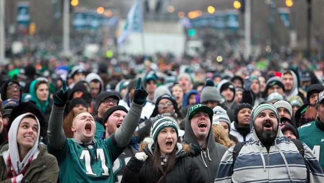 Thousands of Eagles fans gather around the Rocky steps of the Philadelphia Museum of Art.
