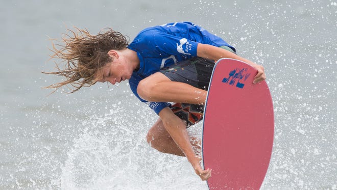 Ethan Redefer of Rehoboth, Del., competes in the semi pro division at the Zap Pro/Amateur World Championships of Skimboarding at Dewey Beach.