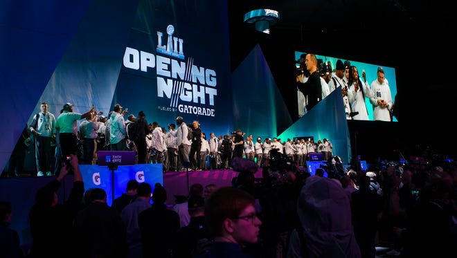 The Philadelphia Eagles take the stage before their hour of interview time at the Super Bowl Opening Night Monday at the Xcel Energy Center.