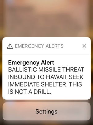 Screen capture of Hawaii's alert sent Jan. 13, 2018.