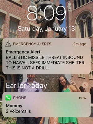 This Jan. 13, 2018, photo shows a smartphone screen capture of a false incoming ballistic missile emergency alert sent from the Hawaii Emergency Management Agency system.