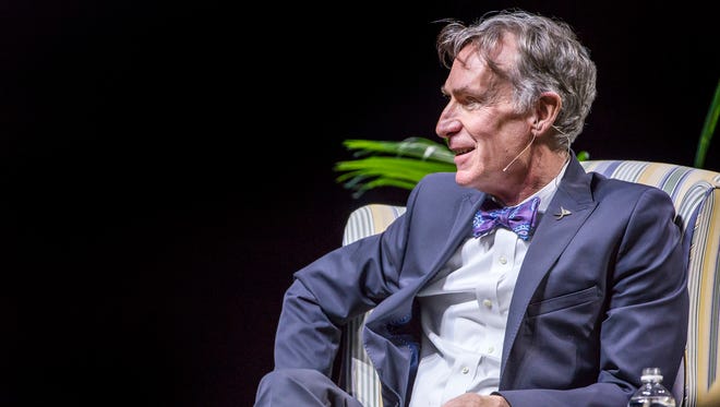 Bill Nye speaks during a moderated discussion with University of Delaware professor McKay Jenkins at the Bob Carpenter Center in Newark on Tuesday night.