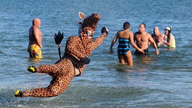 Dressed as a giraffe, local radio personality JJ Roth dives into the Atlantic during the annual AGH Penguin Swim Thursday afternoon in Ocean City.