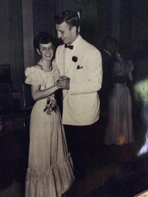 Patti McBride and Jim Hoffman at junior prom in 1949 at York Catholic High School in York, Pa.