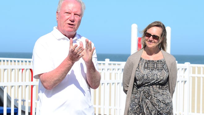 Ocean City Mayor Rick Meehan thanks, Ocean City Recreation and Parks Director Susan Petito for her work with creating Maryland's first Boardwalk Playground on Monday, May 1, 2017.