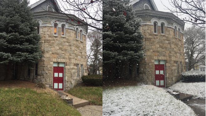 Wilmington's first snow of the year arrived Saturday morning. These photos were taken about three hours apart. Pictured here is a church on Concord Pike.