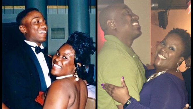 At the Ursuline Academy prom in 1993 (left) at the DuPont Country Club, and at Bobbi Rhian's (right) in Wilmington in 2015. Lisa Brewington ran into her prom date, Elias McCoy, at a friend's 40th birthday party and recreated their prom pose 21 years later.
