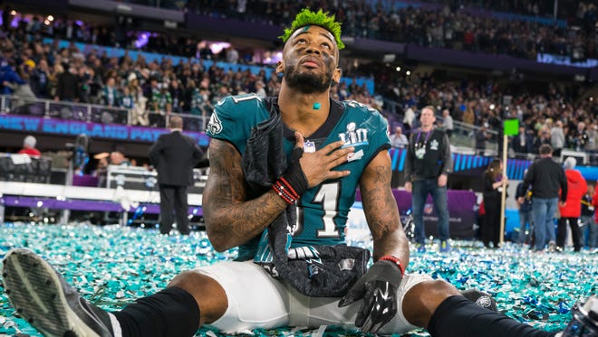 Eagles cornerback Jalen Mills looks up in the sky after winning Super Bowl LII defeating the New England Patriots 41-33.