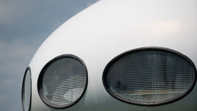 View of the large round windows in the Futuro house in Milton.