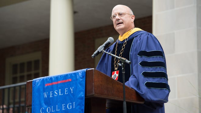 President Mr. Robert E. Clark II welcomes everyone to the Wesley College Spring Commencement in Dover.  A total of 244 graduated.