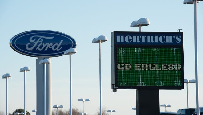 Hertrich's sign in Milford supporting the Philadelphia Eagles in Super Bowl LLI.