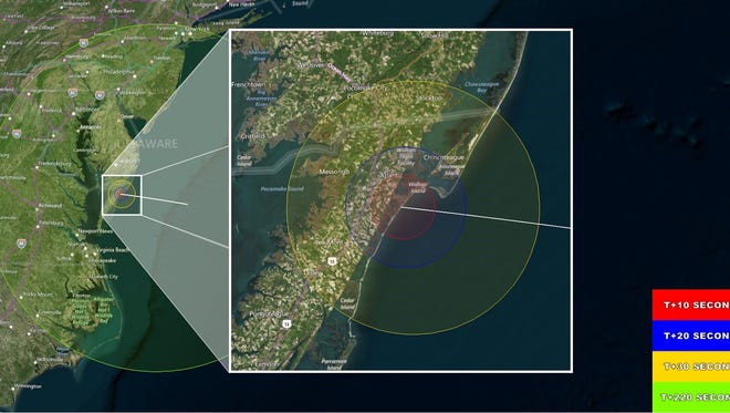 A map of where the May 31 rocket launch at NASA's Wallops Flight Facility should be visible and when.