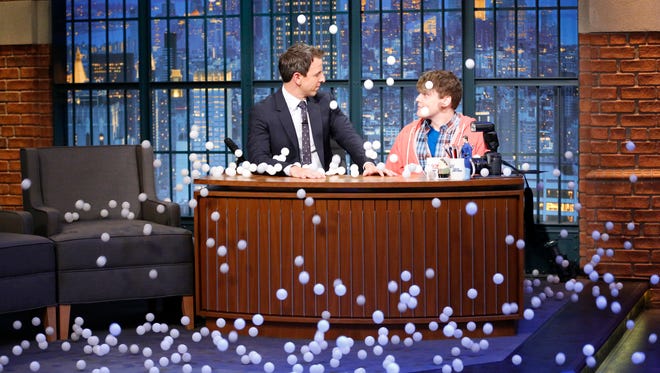 "Late Night" host Seth Meyers and writer Ben Warheit as Seth's nephew "Derrick" during a sketch on October 29, 2015.