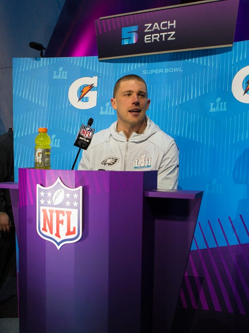 Philadelphia's Zach Ertz answers questions from the media during the Super Bowl Opening Night Monday at the Xcel Energy Center.