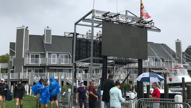 Wind and rain cleared the spectator area on the first day of The White Marlin Open at Harbour Island Marina in Ocean City, Md. on Monday, August 7, 2017.